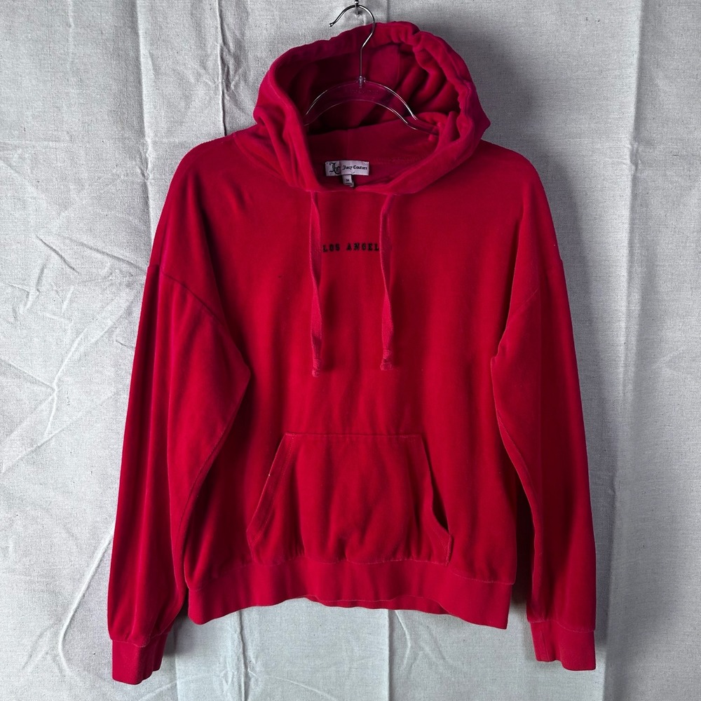 Juicy Couture Los Angeles Velour Hoodie Red Gothic Logo Sleeve Womens Size M